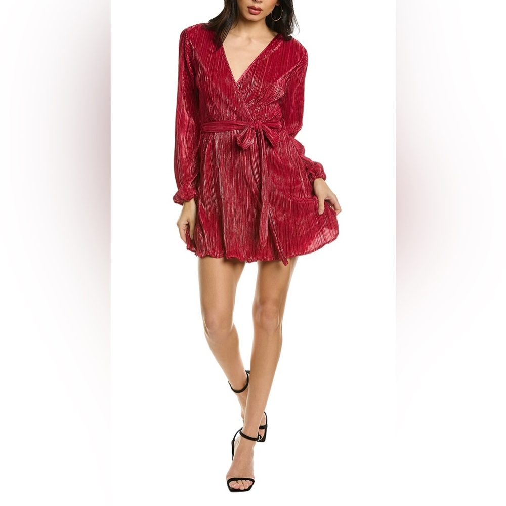 NWT-Bardot Bellissa Burgundy Red Pleat Long Sleeve metallic Mini Dress Size M‎ 6